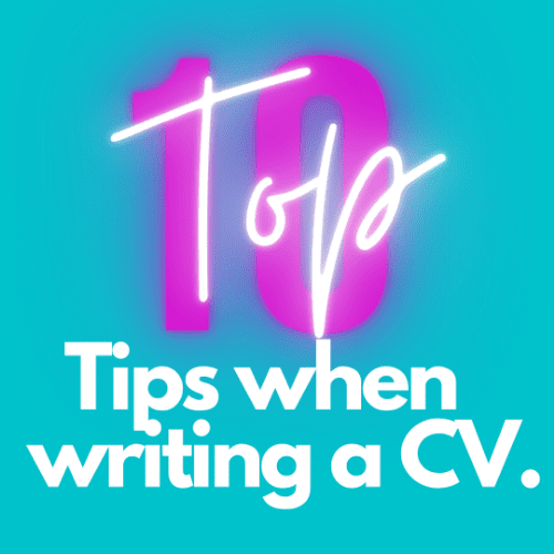 Top 10 Tips for writing a cv in white against blue background